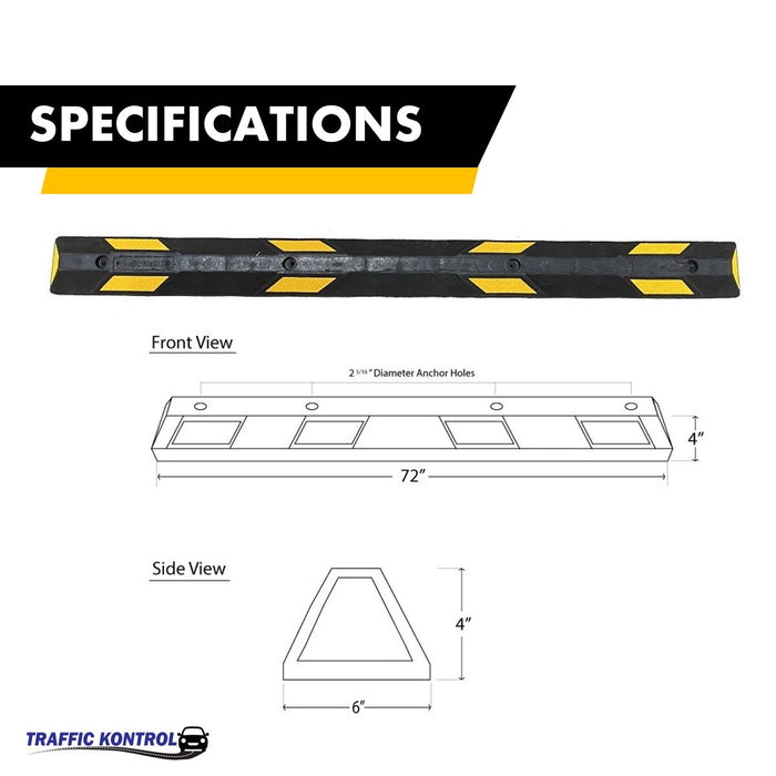 6 Foot Long - Rubber Parking Curb Wheel Stop Block With Spikes - Yellow