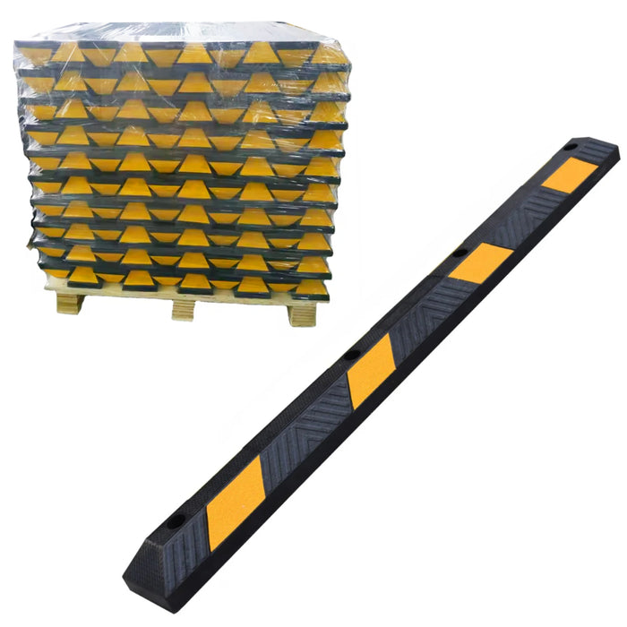 Parking Curb Block - 6 ft Long Wheel Stop - Yellow / Black Striped Rubber - Bulk Pallet