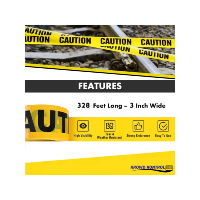 328' Ft Long 'CAUTION' Barricade Tape Roll - 3" Wide - Yellow