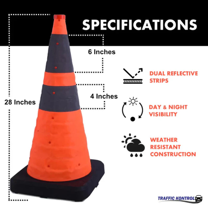 28" Collapsible Traffic Road Cones - 2 Reflective Collars - Safety Orange