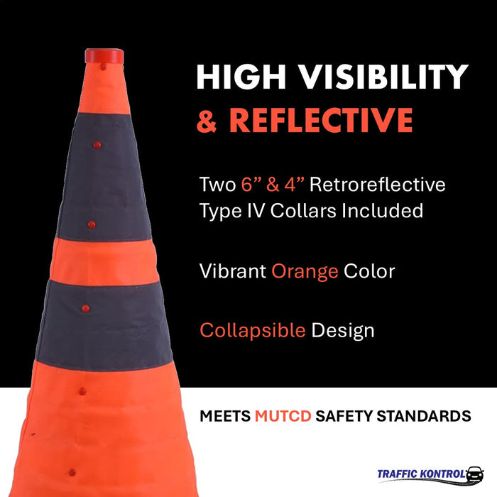 28" Collapsible Traffic Road Cones - 2 Reflective Collars - Safety Orange