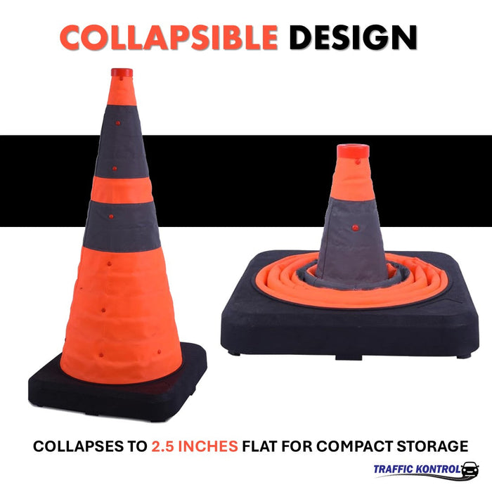 28" Collapsible Traffic Road Cones - 2 Reflective Collars - Safety Orange
