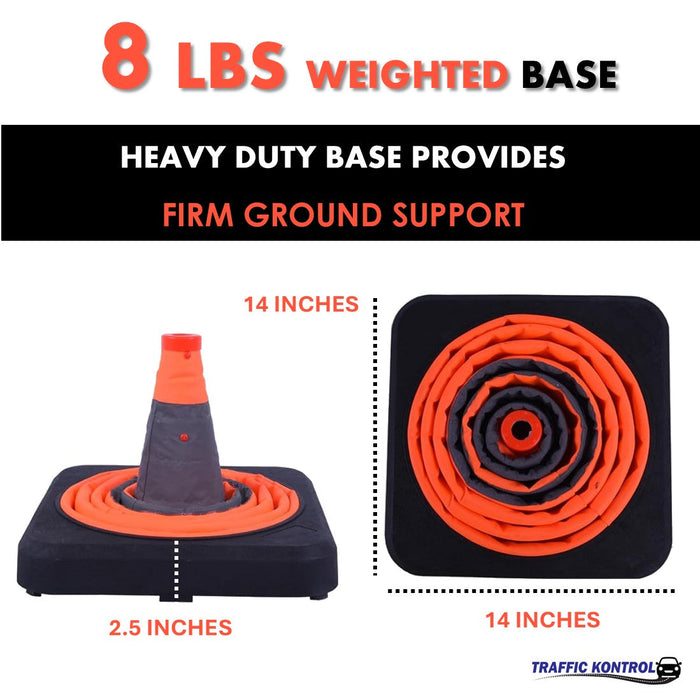 28" Collapsible Traffic Road Cones - 2 Reflective Collars - Safety Orange