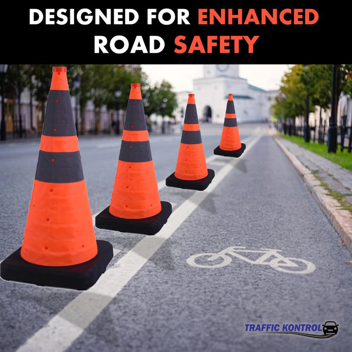28" Collapsible Traffic Road Cones - 2 Reflective Collars - Safety Orange