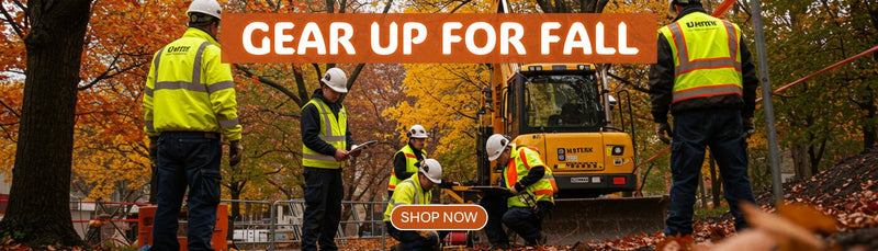 Workers in high-visibility clothing around a piece of construction equipment with 'Gear Up for Fall' text.