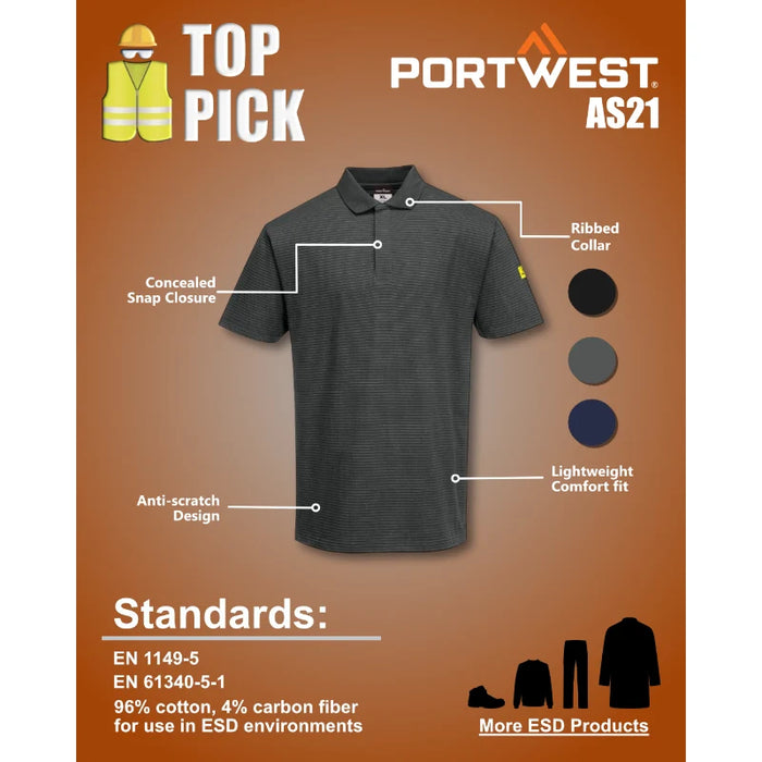 Portwest® Anti-Static ESD Short Sleeve Cotton - Polo Shirt - AS21