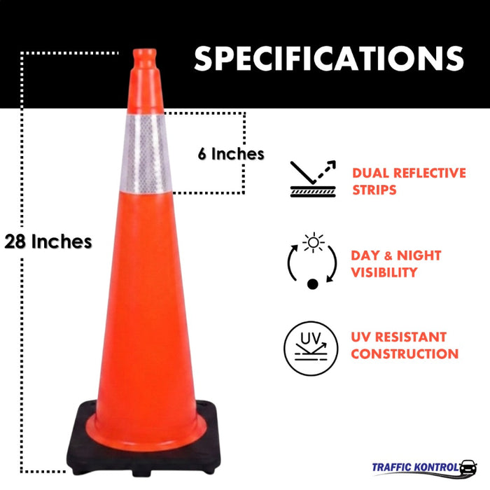 28" Traffic Safety Cone - 7 Lbs - Safety Orange Pylon - 6" Inch Hi Intensity Reflective Collars