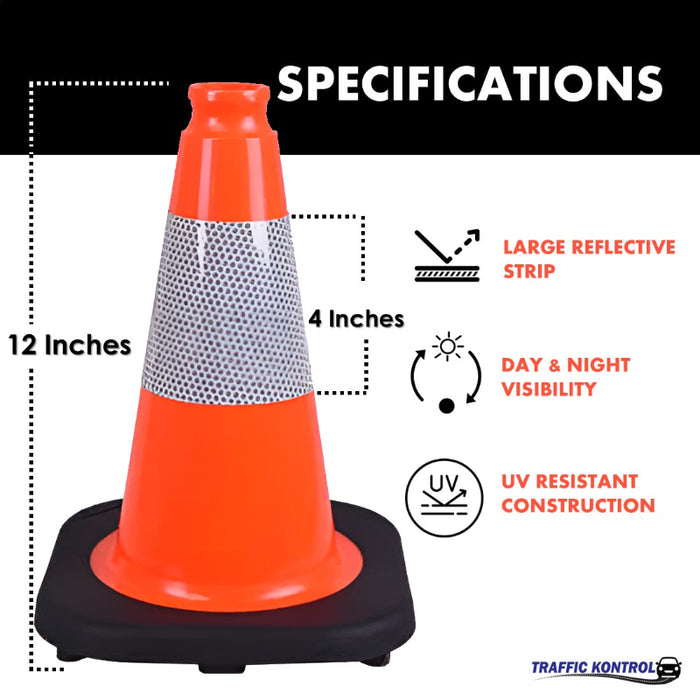 12" Traffic Safety Cone - 1.7 Lbs - Orange - 4" Inch Hi Intensity Reflective Collar