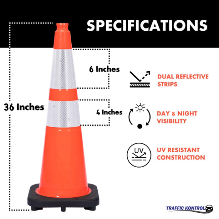 36" Traffic Cone - 12 Lbs - Safety Orange - 6" + 4" Inch Reflective Collars - Bulk Pallet