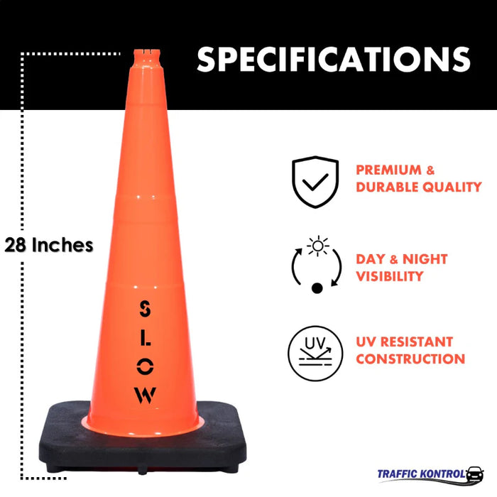 28" SLOW Traffic Safety Cone - 7 Lbs - Orange - No Reflective Collar - Bulk Pallet