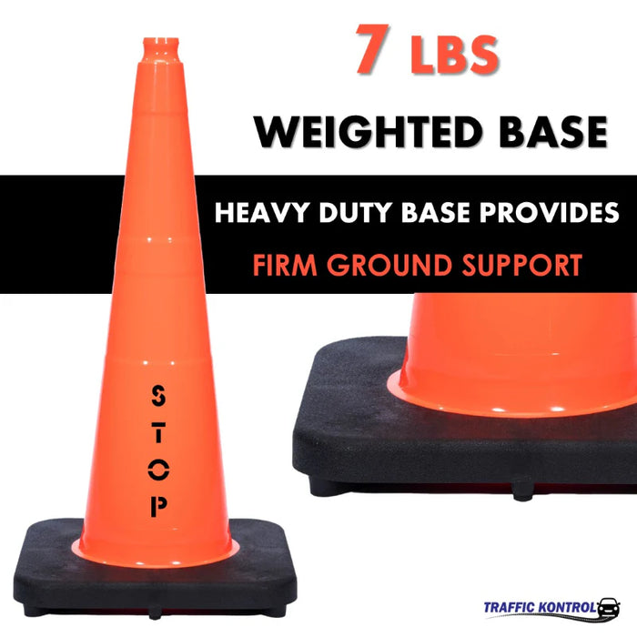 28" STOP Traffic Cone - 7 Lbs - Safety Orange - No Reflective Collar