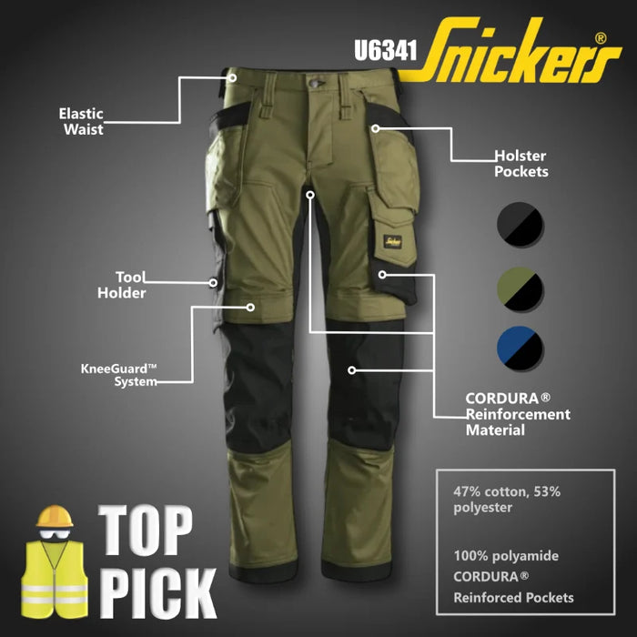 Snickers® Workwear Industrial Stretch Work Pants Tool Holders, CORDURA® Knees & Pre-Bent Legs - Slim Fit - 6341